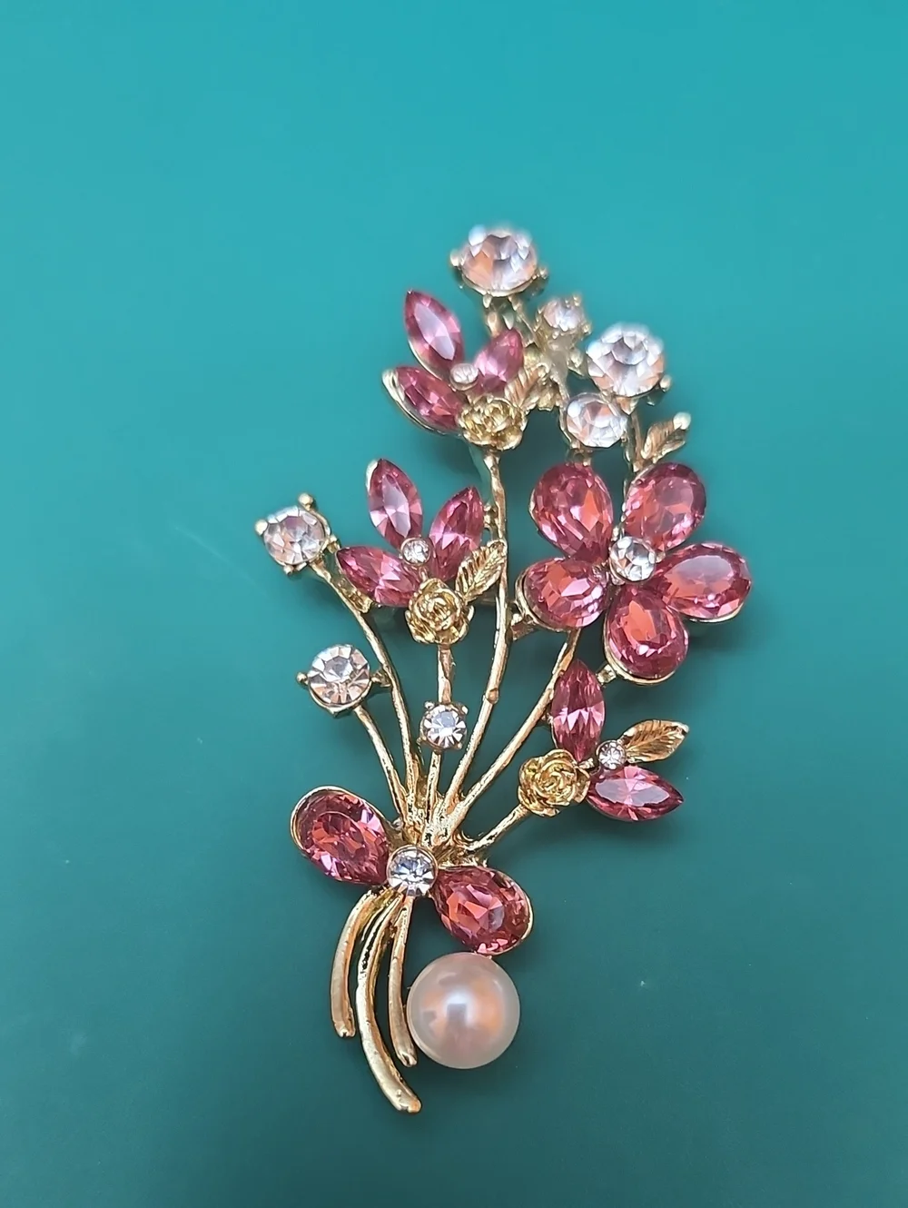 Elegant Pink Crystal Floral Brooch with Faux Pearl - Unbranded